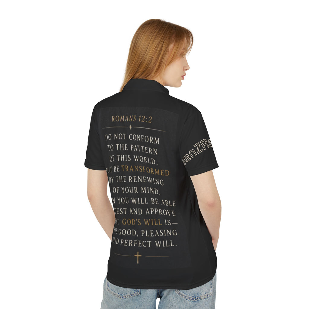 Black Romans 12:2 Polo Shirt — "Be Transformed Not Conformed" Christian Polo