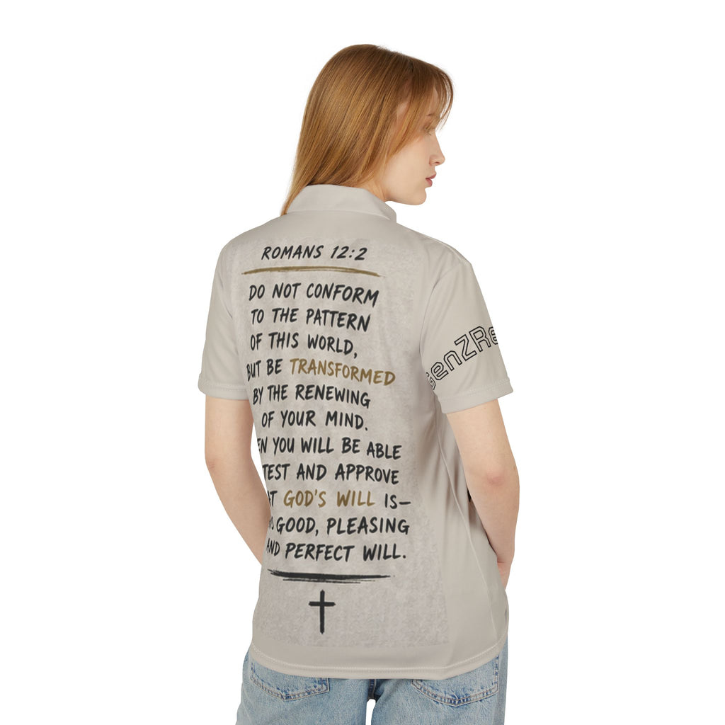 Be Transformed Polo Shirt — Christian Faith Graphic Polo (Romans 12:2)
