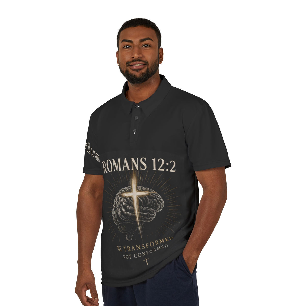 Black Romans 12:2 Polo Shirt — "Be Transformed Not Conformed" Christian Polo