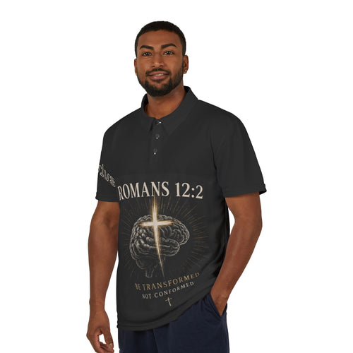 Black Romans 12:2 Polo Shirt — "Be Transformed Not Conformed" Christian Polo